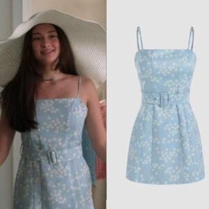 Zara light blue floral belted mini dress
